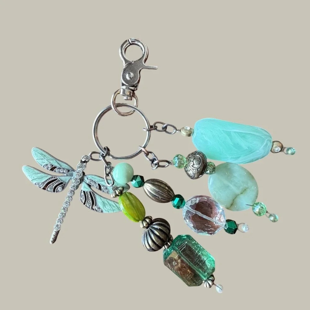 Green Dragonfly Enamel Rhinestone Beaded Bag Charm Keychain Silver Tone